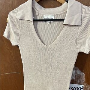 Freshman Beige Ribbed V-Neck Blouse
